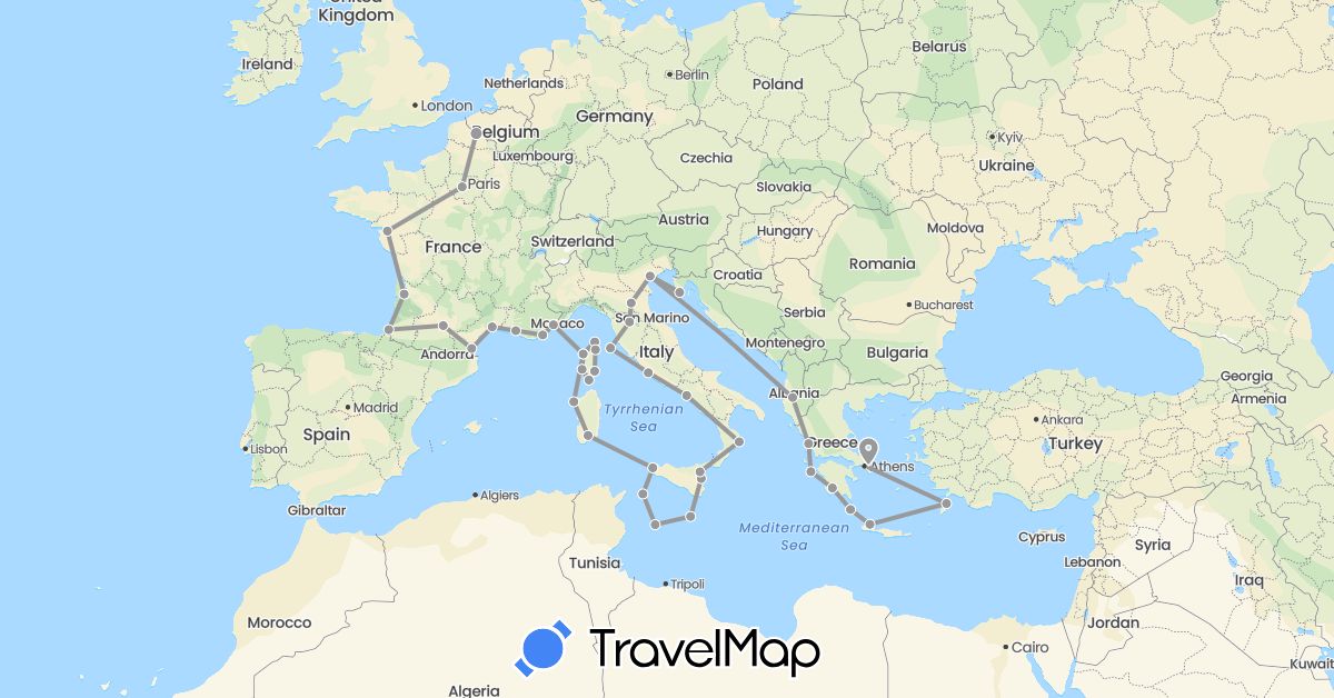TravelMap itinerary: driving, plane in Albania, France, Greece, Croatia, Italy, Malta (Europe)