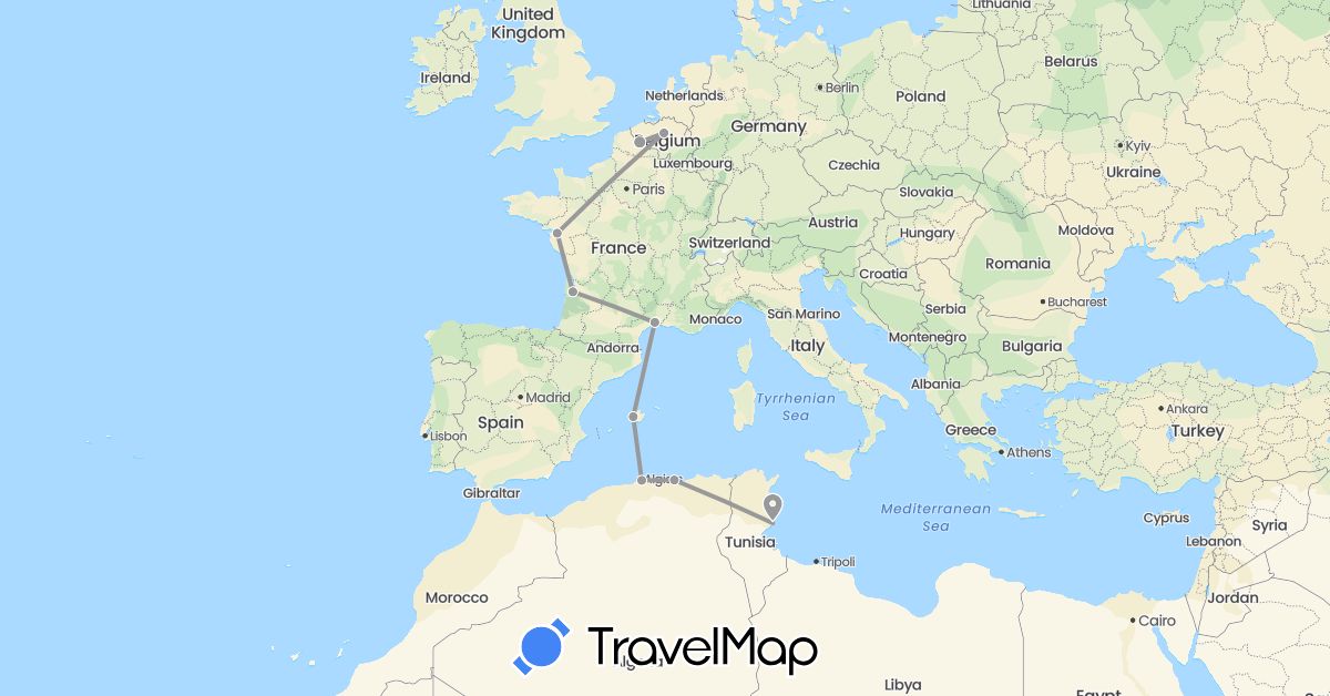 TravelMap itinerary: driving, plane in Belgium, Algeria, Spain, France, Tunisia (Africa, Europe)